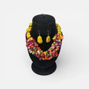 Boho Dyed Howlite Chunky Bead Necklace & Drop Earring Set Colorful Statement